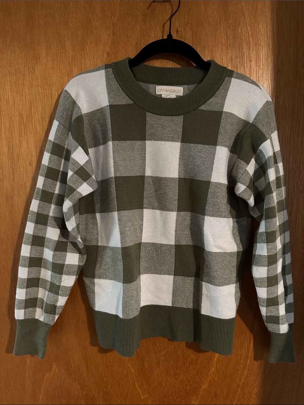 Cynthia Rowley Olive & White Check Knit Pullover